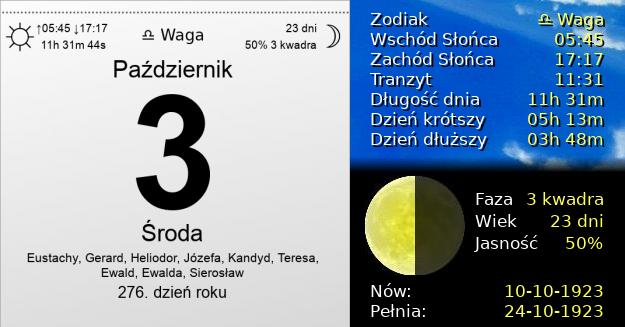3 Października 1923 - Środa. Kartka z Kalendarza