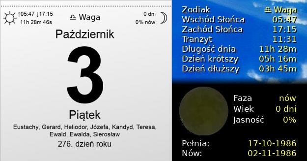 3 Października 1986 - Piątek. Kartka z Kalendarza