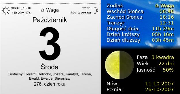 3 Października 2007 - Środa. Kartka z Kalendarza