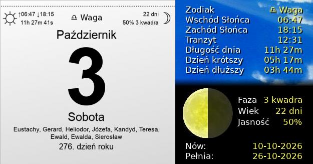 3 Października 2026 - Sobota. Kartka z Kalendarza