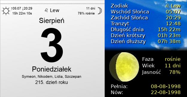 3 Sierpnia 1998 - Poniedziałek. Kartka z Kalendarza