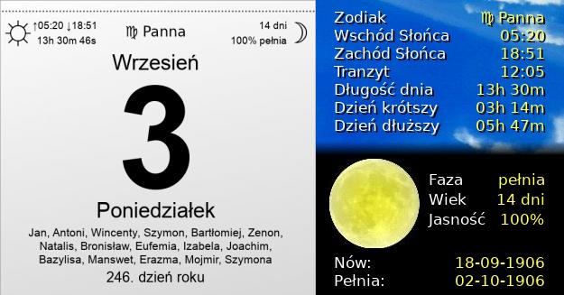 3 Września 1906 - Poniedziałek. Kartka z Kalendarza