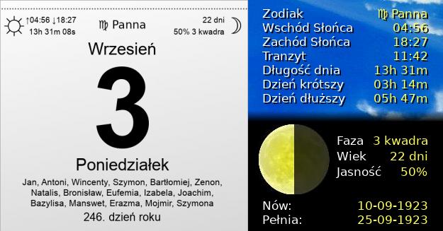 3 Września 1923 - Poniedziałek. Kartka z Kalendarza