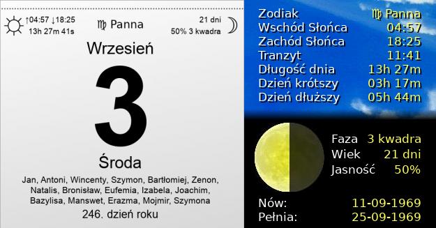 3 Września 1969 - Środa. Kartka z Kalendarza