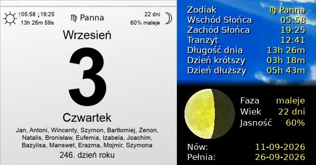 3 Września 2026 - Czwartek. Kartka z Kalendarza
