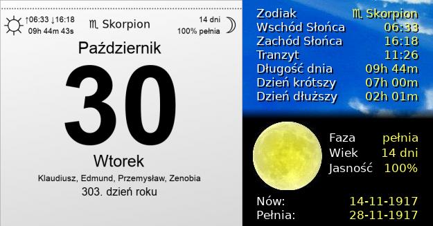 30 Października 1917 - Wtorek. Kartka z Kalendarza