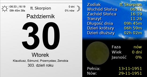 30 Października 1951 - Wtorek. Kartka z Kalendarza