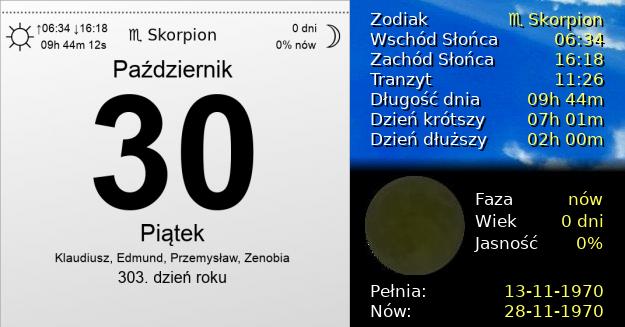 30 Października 1970 - Piątek. Kartka z Kalendarza