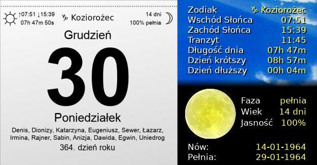 30 Grudnia 1963 - Poniedziałek. Kartka z Kalendarza