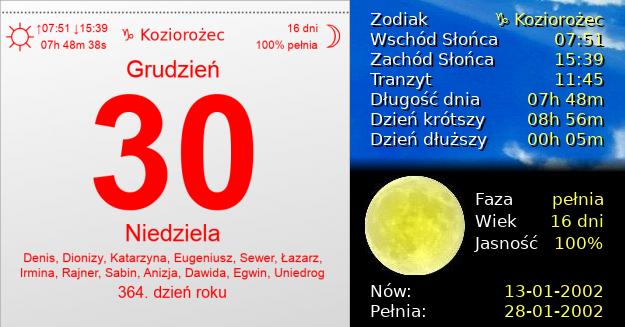 30 Grudnia 2001 - Niedziela. Kartka z Kalendarza