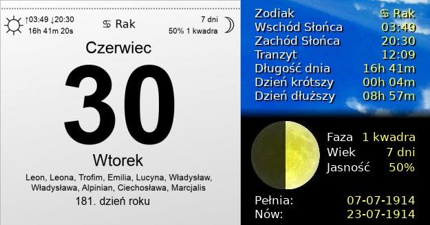 30 Czerwca 1914 - Wtorek. Kartka z Kalendarza