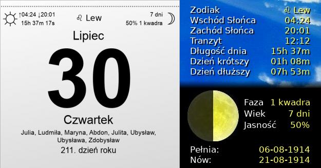 30 Lipca 1914 - Czwartek. Kartka z Kalendarza