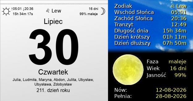 30 Lipca 2026 - Czwartek. Kartka z Kalendarza