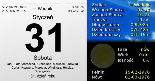 31 Stycznia 1976 - Sobota. Kartka z Kalendarza
