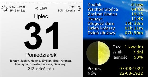 31 Lipca 1922 - Poniedziałek. Kartka z Kalendarza