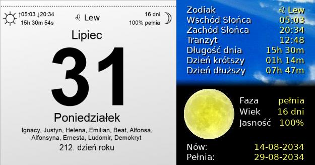 31 Lipca 2034 - Poniedziałek. Kartka z Kalendarza