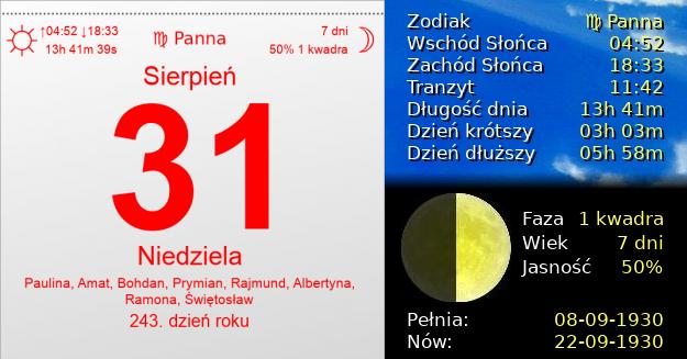 31 Sierpnia 1930 - Niedziela. Kartka z Kalendarza