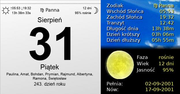 31 Sierpnia 2001 - Piątek. Kartka z Kalendarza