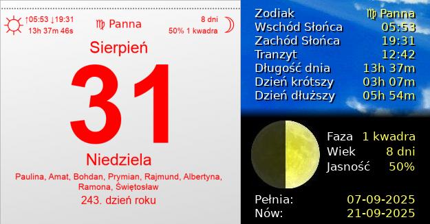 31 Sierpnia 2025 - Niedziela. Kartka z Kalendarza