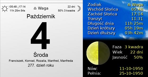 4 Października 1950 - Środa. Kartka z Kalendarza