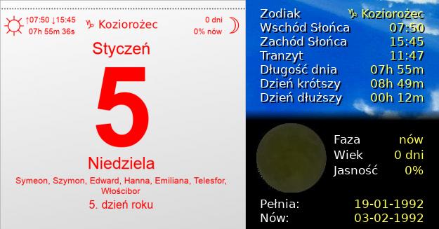 5 Stycznia 1992 - Niedziela. Kartka z Kalendarza