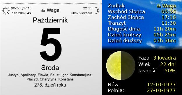 5 Października 1977 - Środa. Kartka z Kalendarza