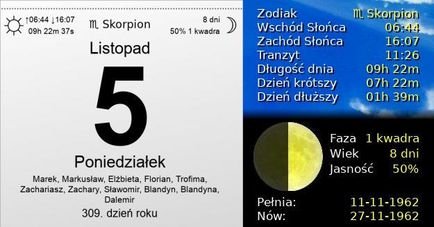 5 Listopada 1962 - Poniedziałek. Kartka z Kalendarza