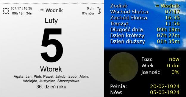 5 Lutego 1924 - Wtorek. Kartka z Kalendarza