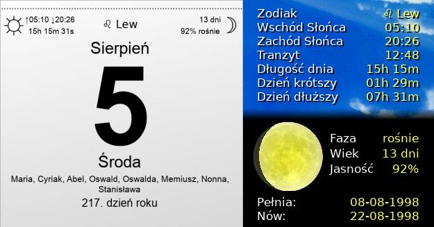 5 Sierpnia 1998 - Środa. Kartka z Kalendarza