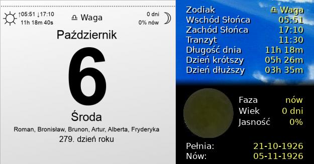 6 Października 1926 - Środa. Kartka z Kalendarza