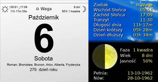 6 Października 1962 - Sobota. Kartka z Kalendarza