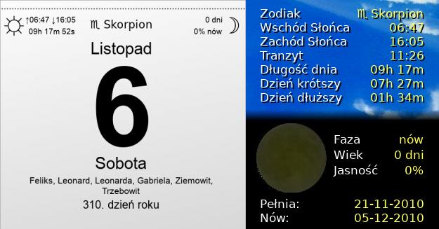 6 Listopada 2010 - Sobota. Kartka z Kalendarza