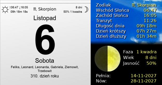 6 Listopada 2027 - Sobota. Kartka z Kalendarza