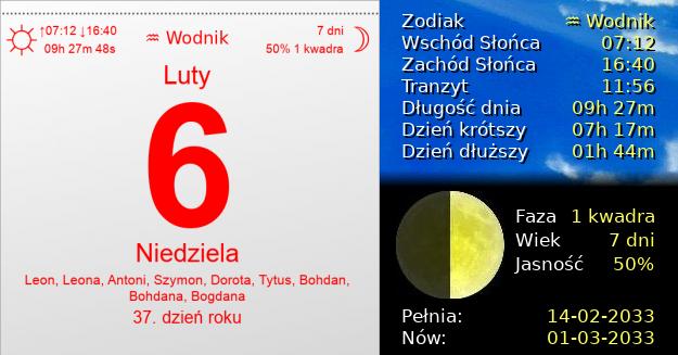 6 Lutego 2033 - Niedziela. Kartka z Kalendarza