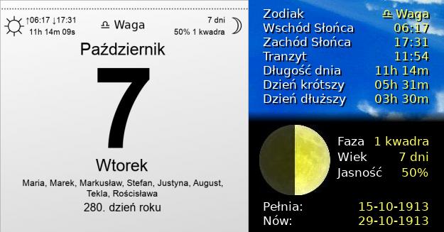 7 Października 1913 - Wtorek. Kartka z Kalendarza