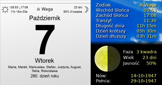 7 Października 1947 - Wtorek. Kartka z Kalendarza
