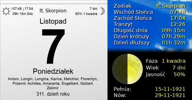 7 Listopada 1921 - Poniedziałek. Kartka z Kalendarza
