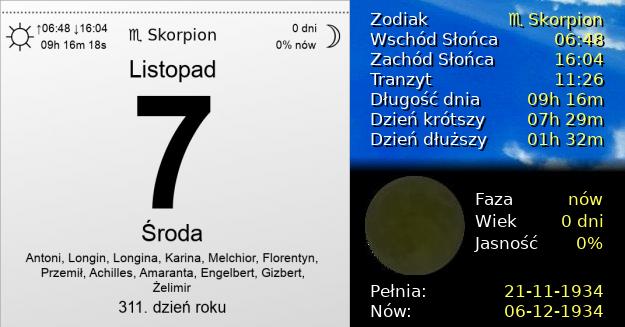7 Listopada 1934 - Środa. Kartka z Kalendarza