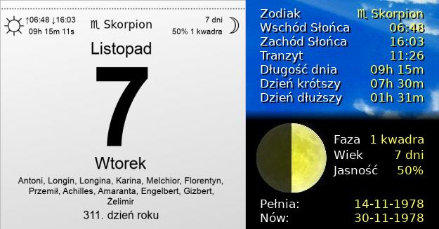 7 Listopada 1978 - Wtorek. Kartka z Kalendarza