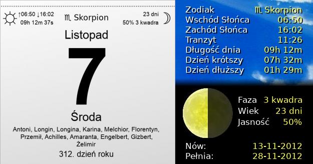 7 Listopada 2012 - Środa. Kartka z Kalendarza