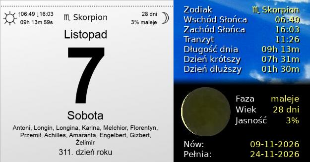 7 Listopada 2026 - Sobota. Kartka z Kalendarza
