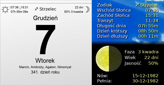 7 Grudnia 1982 - Wtorek. Kartka z Kalendarza