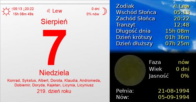 7 Sierpnia 1994 - Niedziela. Kartka z Kalendarza