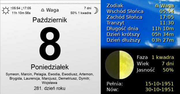 8 Października 1951 - Poniedziałek. Kartka z Kalendarza