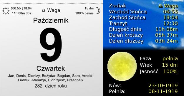 9 Października 1919 - Czwartek. Kartka z Kalendarza