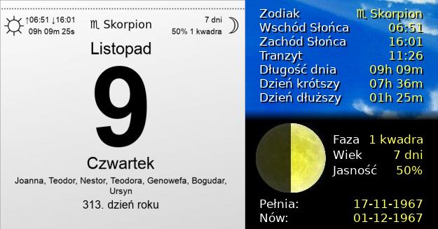 9 Listopada 1967 - Czwartek. Kartka z Kalendarza