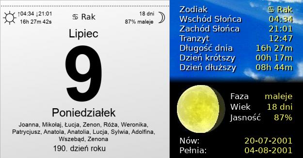 9 Lipca 2001 - Poniedziałek. Kartka z Kalendarza