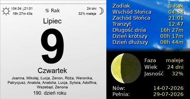 9 Lipca 2026 - Czwartek. Kartka z Kalendarza