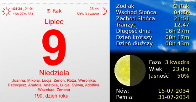 9 Lipca 2034 - Niedziela. Kartka z Kalendarza