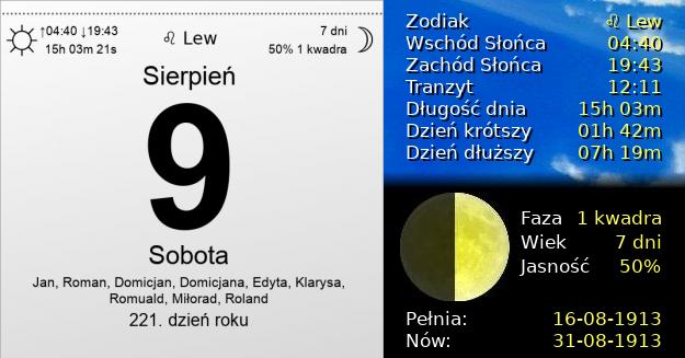 9 Sierpnia 1913 - Sobota. Kartka z Kalendarza